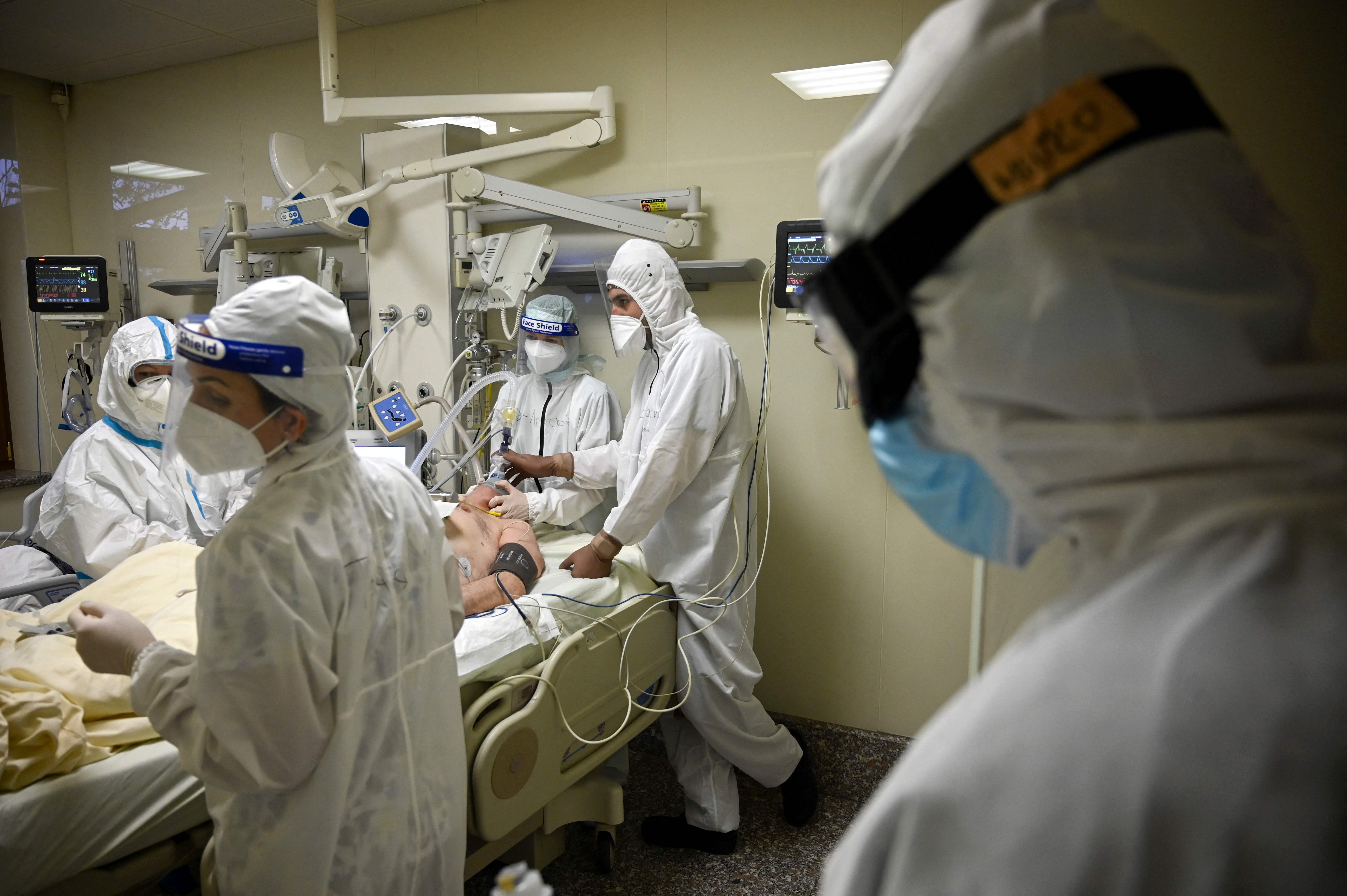 Nurses and doctors take care of a patient infected with Covid-19 in the intensive care unit of Lozenets Hospital in Sofia, Bulgaria