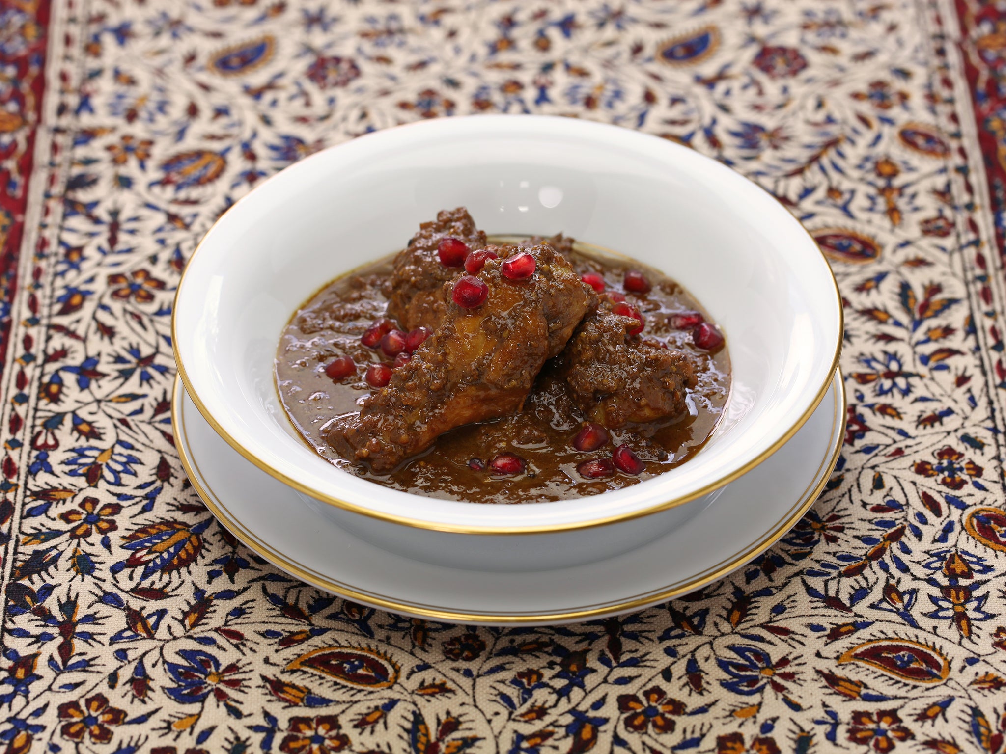 Khoresh morgh naardooni (pomegranate chicken stew), also called anar mosama, is a celebratory dish to serve on Yalda