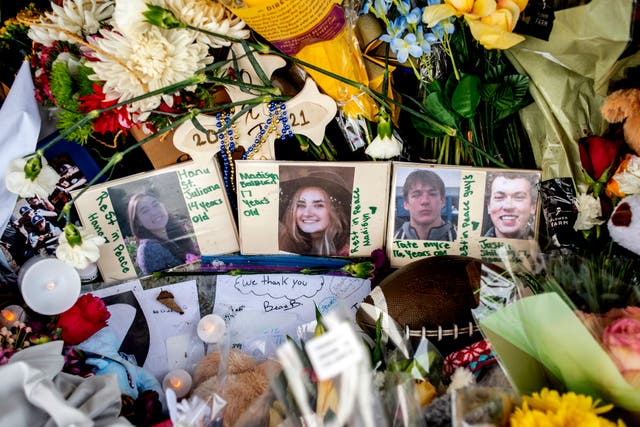 <p>Hana St. Juliana, 14, Madisyn Baldwin, 17, Tate Myre, 16 and Justin Shilling, 17, are seen in photos at a memorial</p>