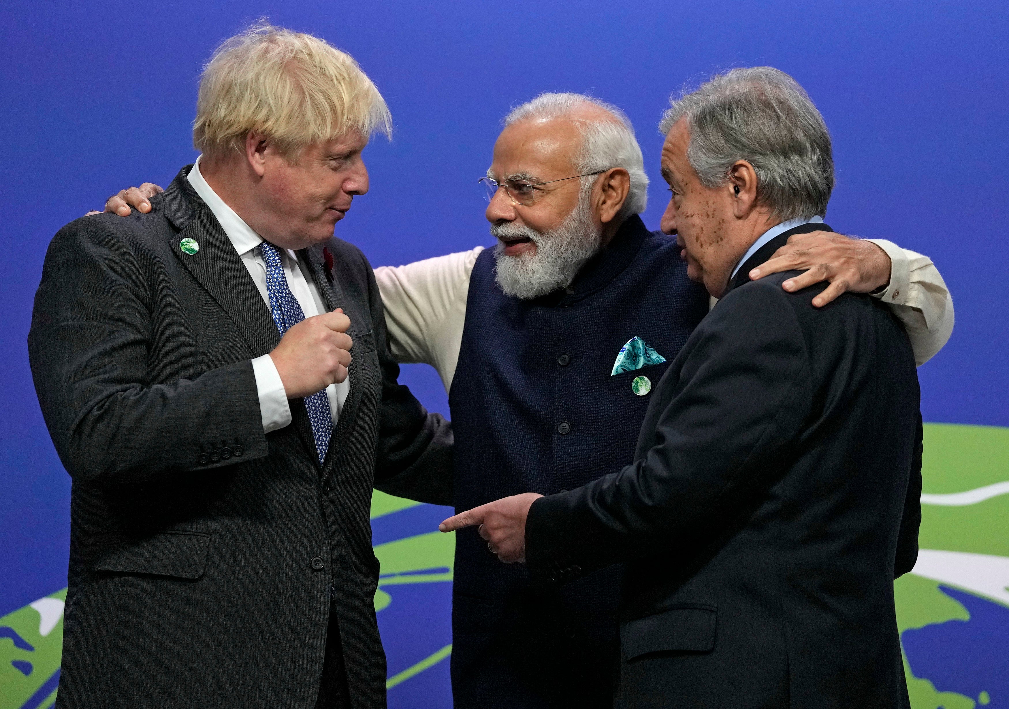 Boris Johnson and UN secretary-general Antonio Guterres greet India’s prime minister Narendra Modi at Cop26