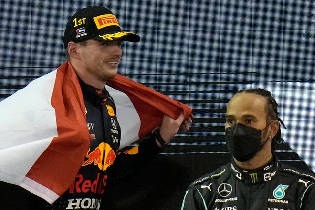 <p>New Formula 1 champion Max Verstappen (left) and dethroned Lewis Hamilton</p>