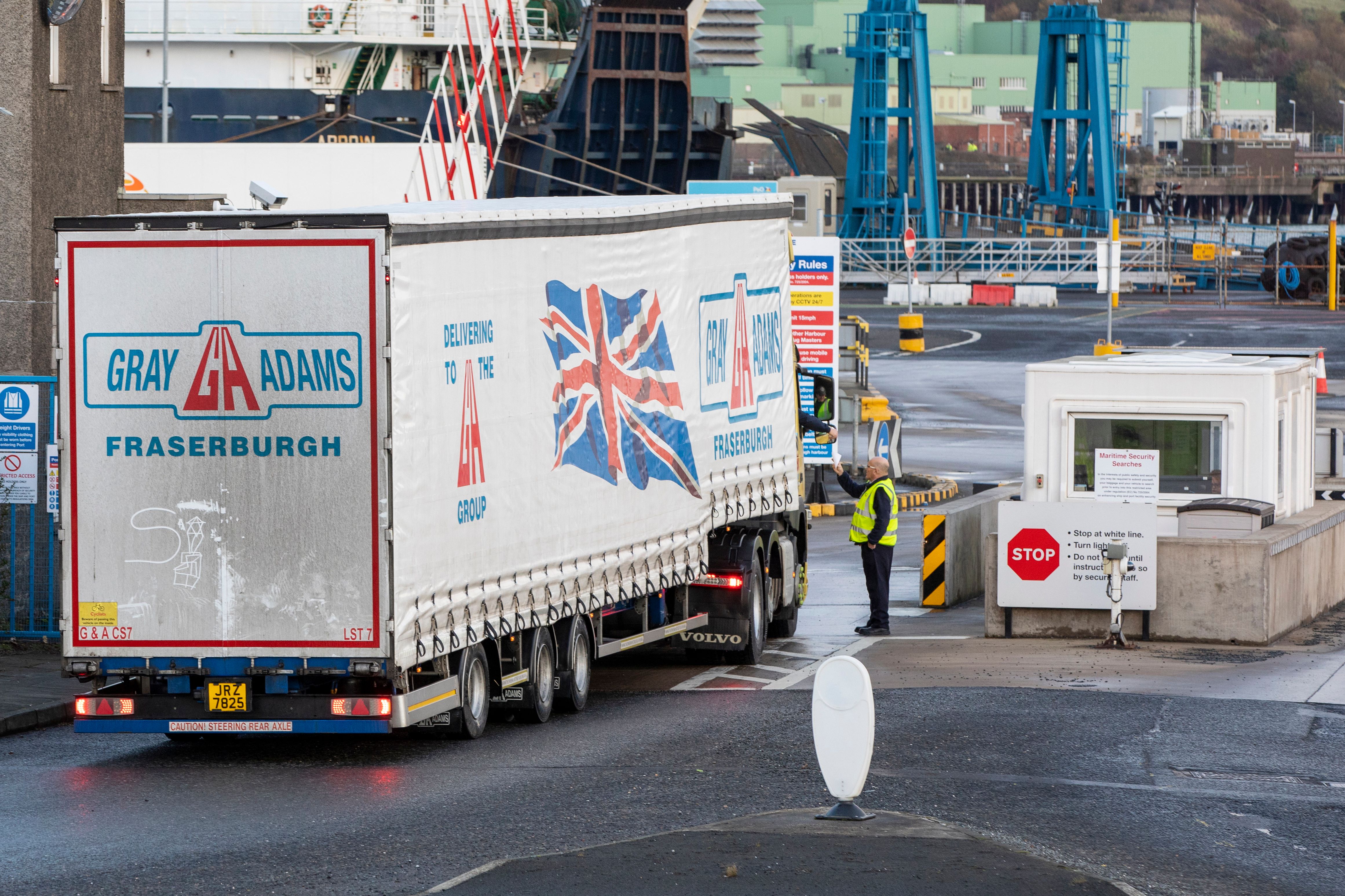 A lorry arrives at Larne port in Antrim