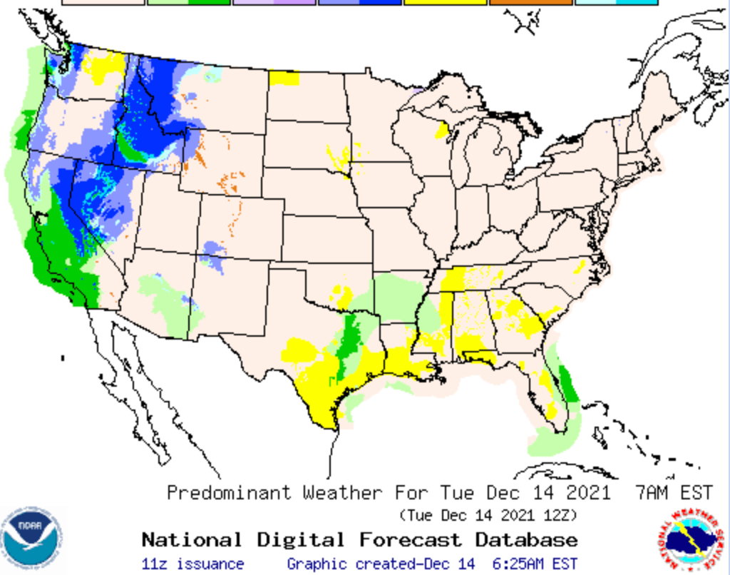 Heavy downpours were forecast in the US West on Tuesday and into Wednesday as a powerful storm system moved across the region