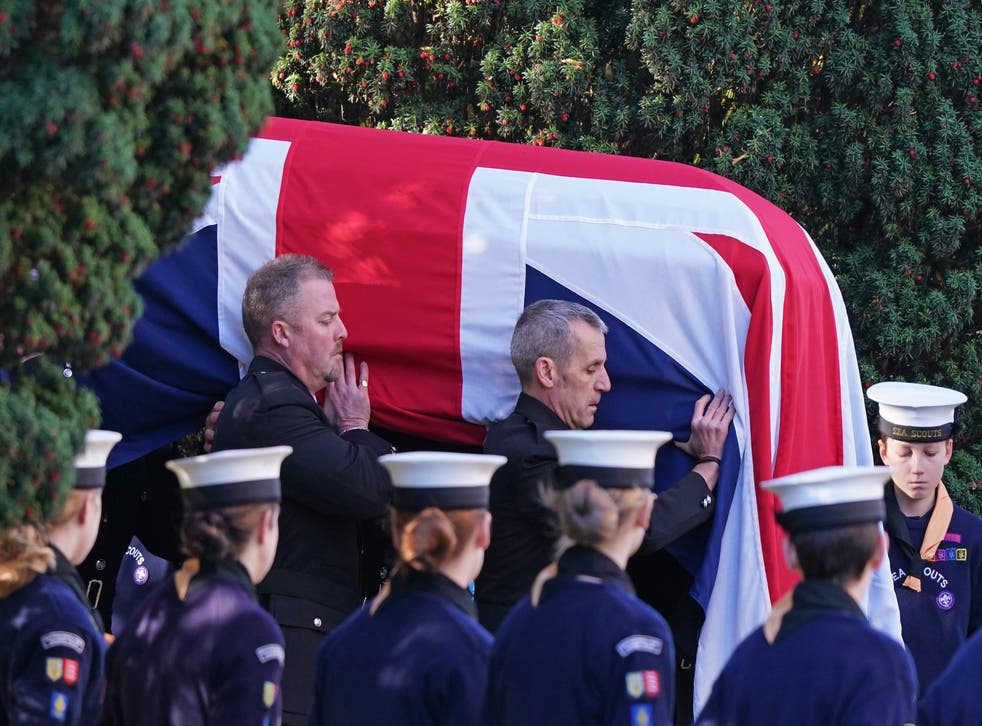 The coffin of Sir David Amess is carried into St Mary’s Church in Prittlewell, Southend (Gareth Fuller/PA)