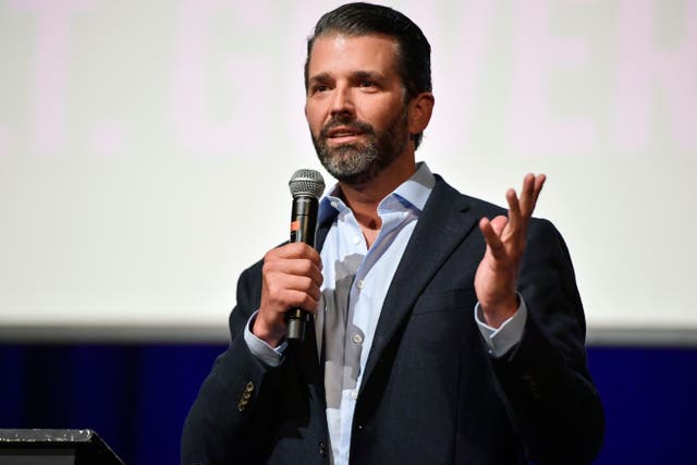 <p>File: Donald Trump Jr was seen taking potshots at Mr Biden in the video over his recent public appearances, including the president’s tribute speech at former senator Bob Dole’s funeral last month</p>