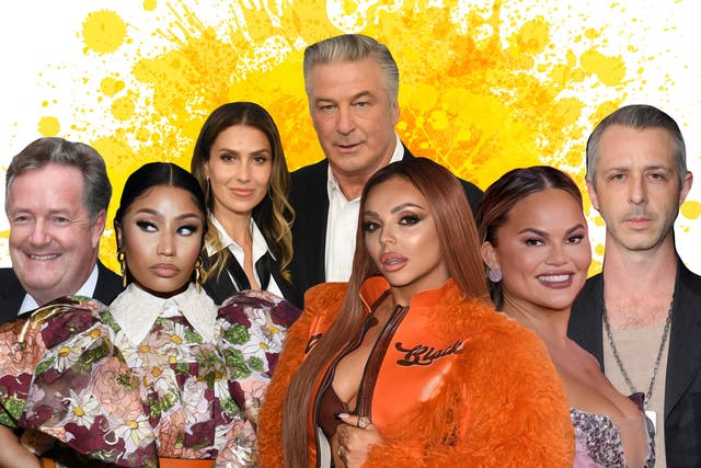 <p>A who’s who of 2021: (from left) Piers Morgan, Nicki Minaj, Hilaria and Alec Baldwin, Jesy Nelson, Chrissy Teigen and Jeremy Strong</p>