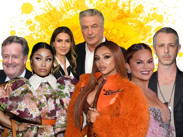 <p>A who’s who of 2021: (from left) Piers Morgan, Nicki Minaj, Hilaria and Alec Baldwin, Jesy Nelson, Chrissy Teigen and Jeremy Strong</p>