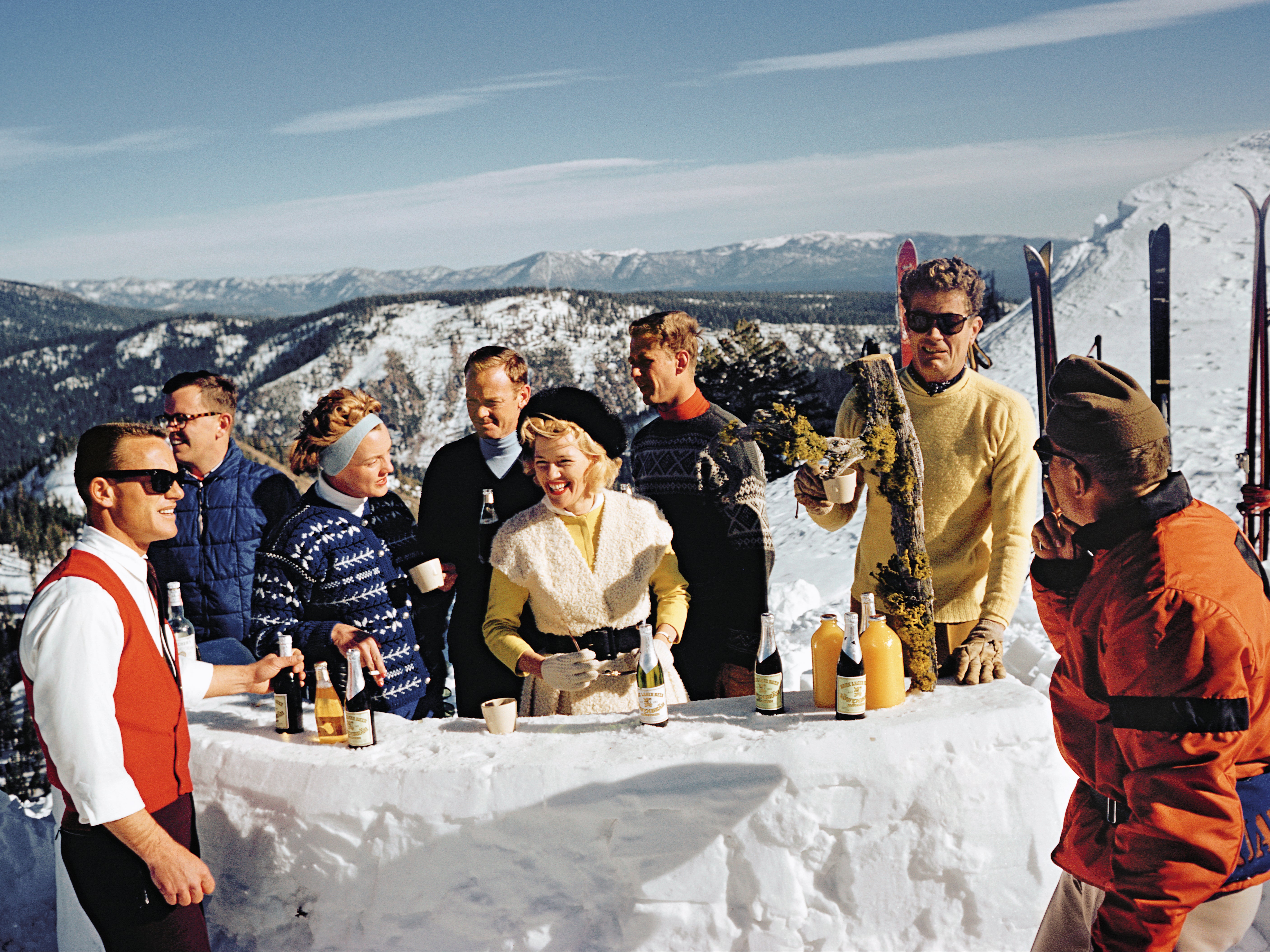 American lawyer and businessman Alexander Cochrane Cushing (in yellow) with others at the Squaw Valley resort, which he developed, in California, in 1961