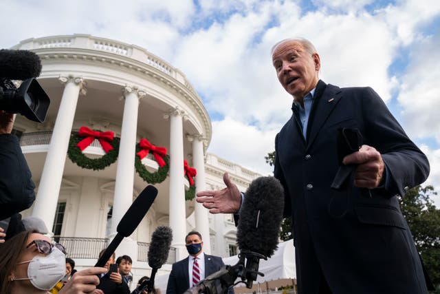 <p>President Joe Biden talks to reporters before boarding Marine One for a trip to visit areas impacted by tornado damage, Wednesday, Dec. 15, 2021, in Washington. (AP Photo/Evan Vucci)</p>