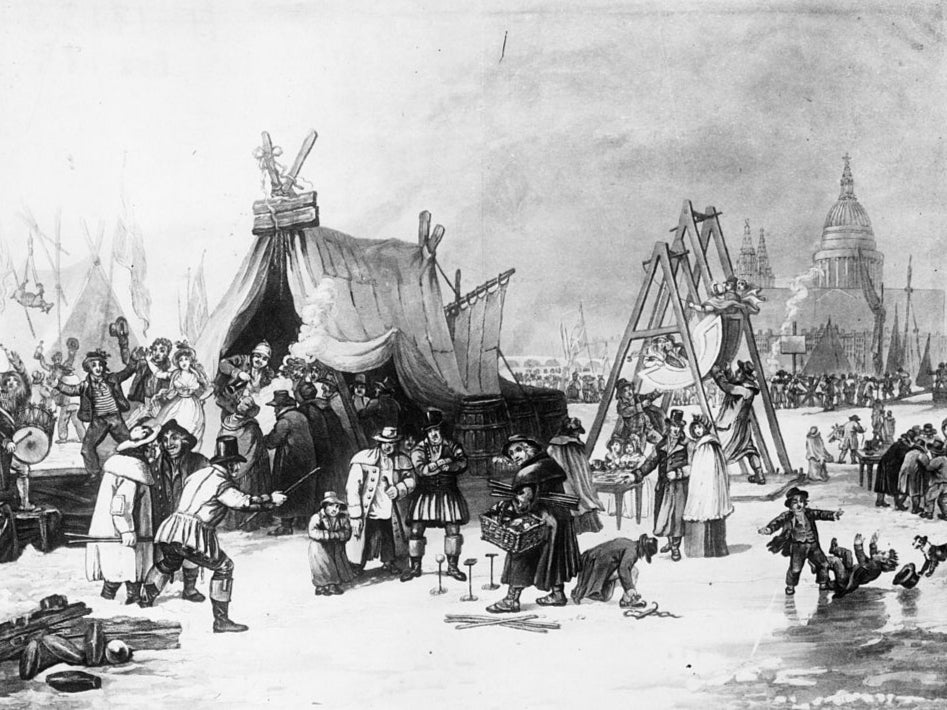 <p>19th century drawing of a ‘Frost Fair’ on the frozen River Thames in London</p>