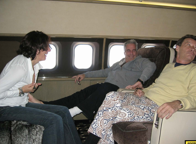 <p>Jean-Luc Brunel, right, rides with Jeffrey Epstein and Ghislaine Maxwell on Epstein’s private jet </p>