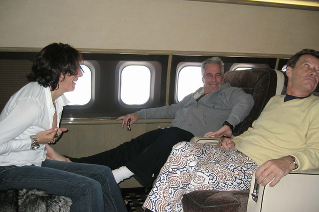 <p>Jean-Luc Brunel, right, rides with Jeffrey Epstein and Ghislaine Maxwell on Epstein’s private jet </p>