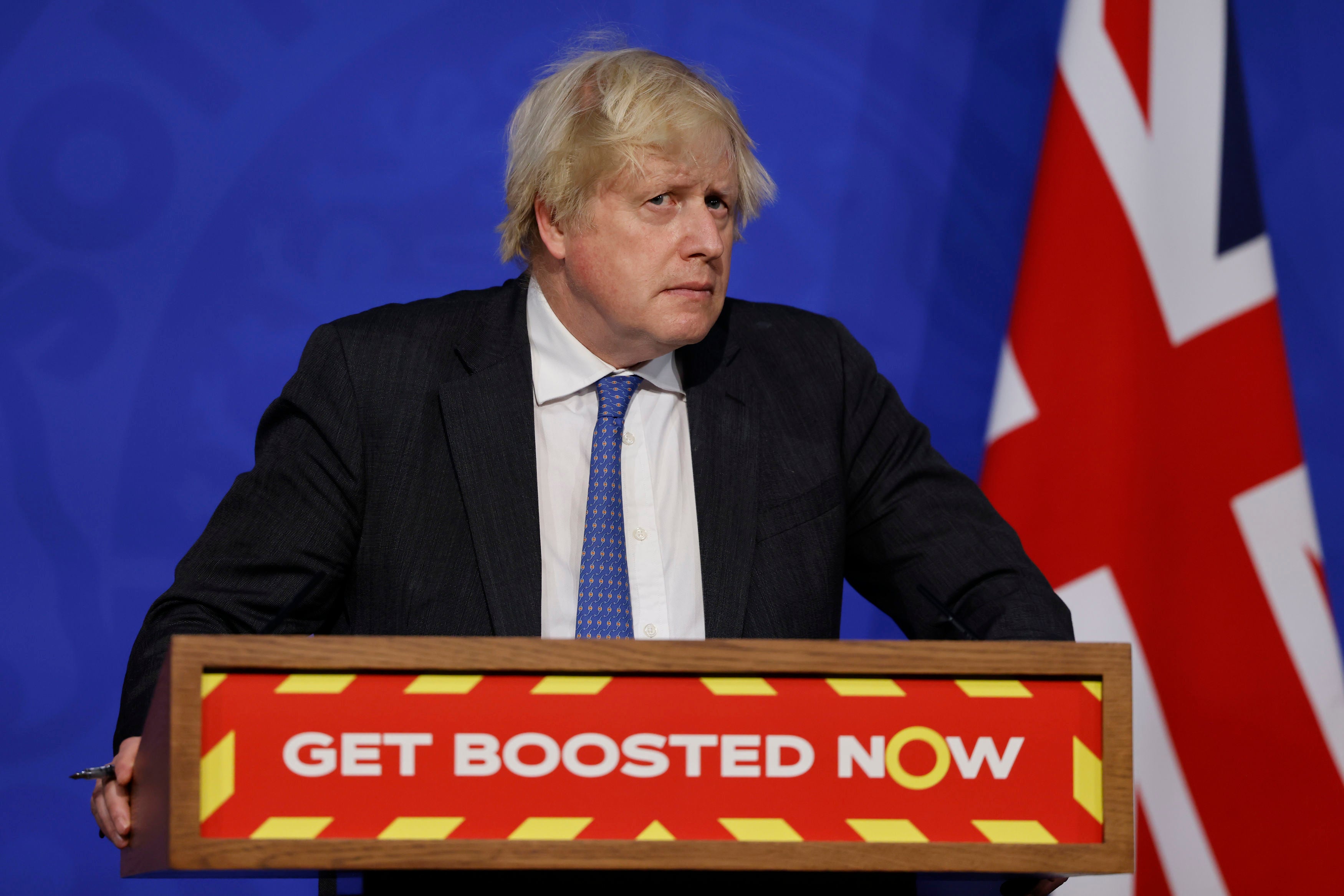 Boris Johnson during a media briefing in Downing Street. The oversized O caused confusion