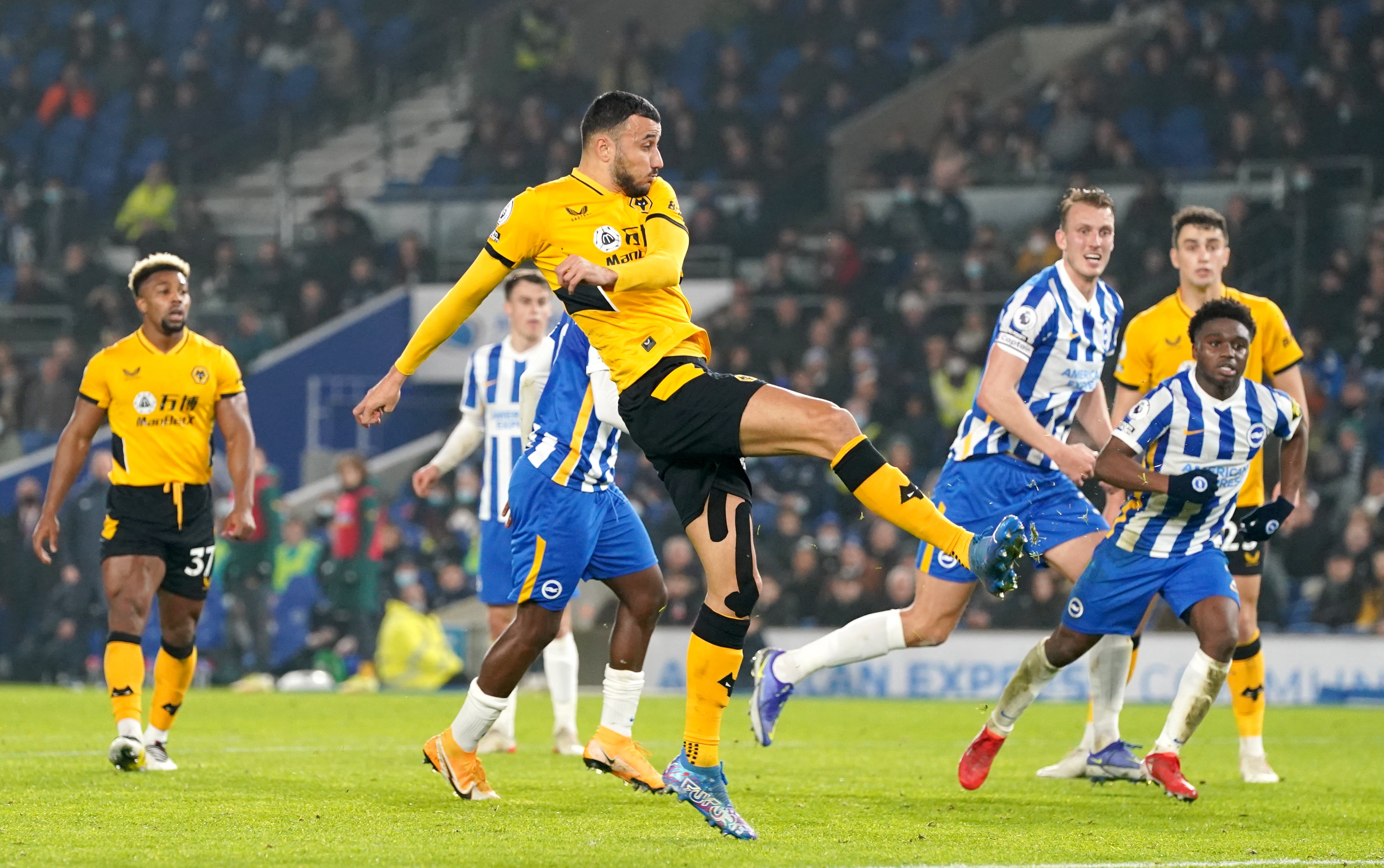 Romain Saiss scored the only goal as Wolves won at Brighton (Gareth Fuller/PA)