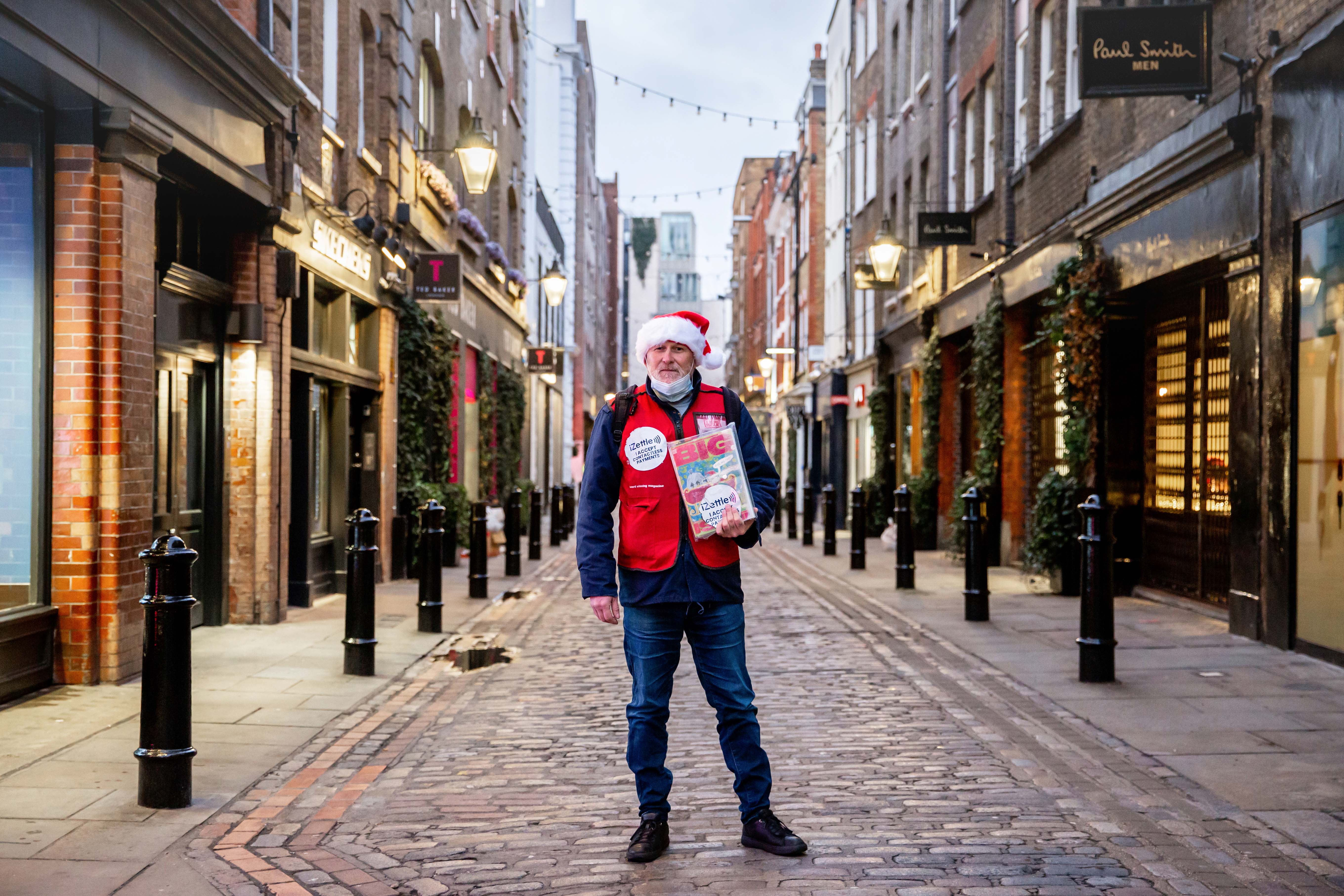 Big Issue vendor Hugh McErlean in Covent Garden, London, which is quieter than usual (Big Issue/PA)