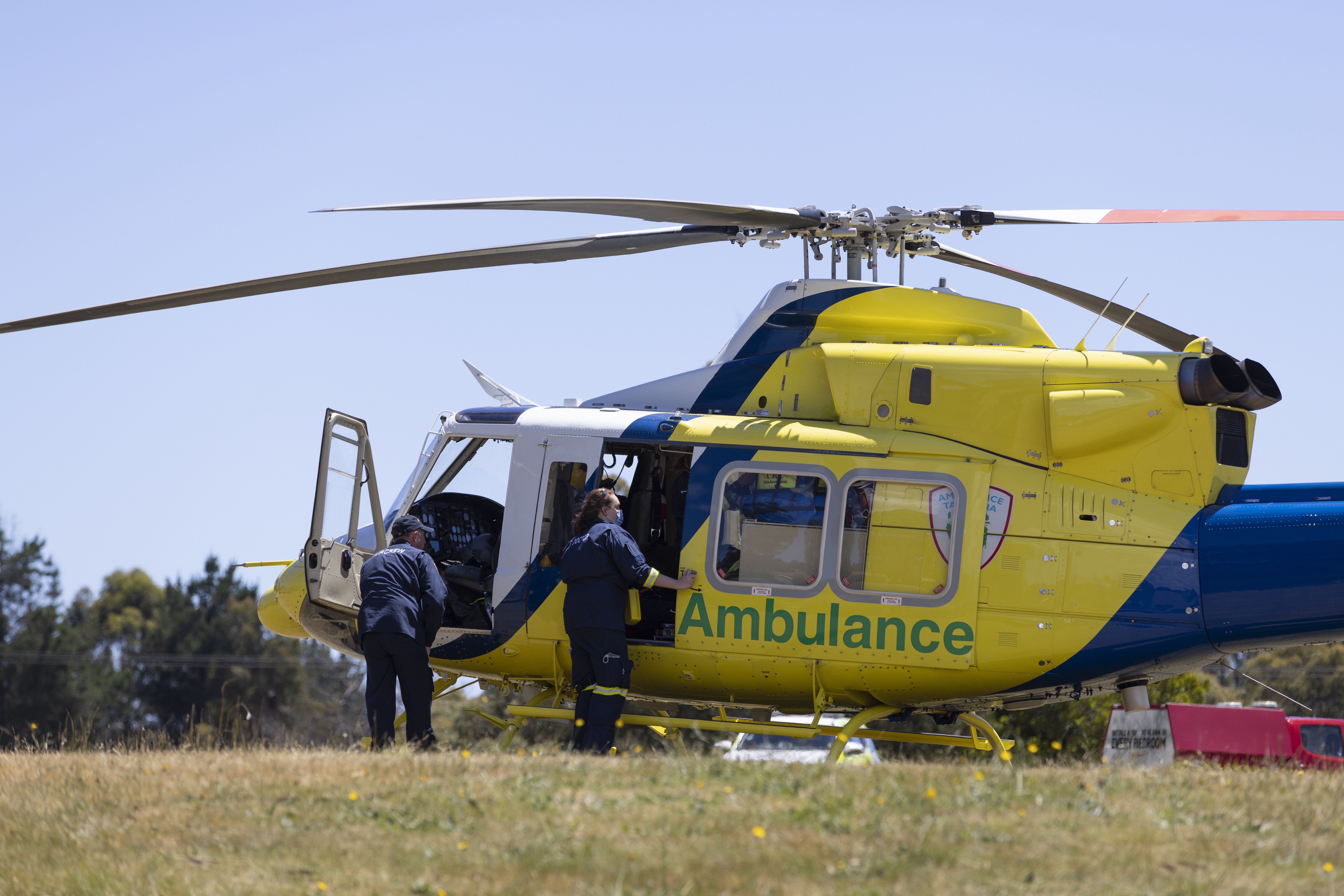 Ambulance helicopter on scene at Hillcrest Primary School in Devonport, Tasmania, Australia