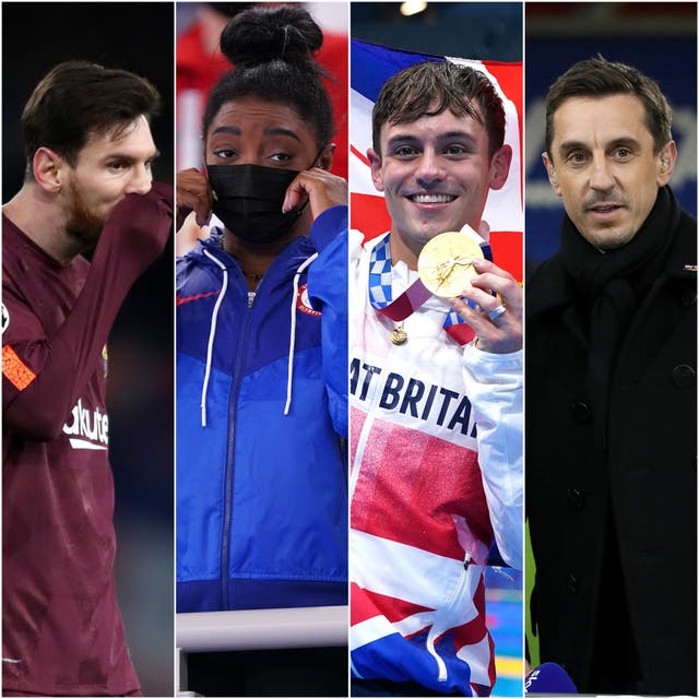 Lionel Messi, Simone Biles, Tom Daley and Gary Neville, l-r, provided some of the year’s memorable quotes (Nick Potts/Mike Egerton/Adam Davy/PA)