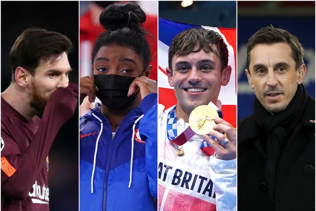 Lionel Messi, Simone Biles, Tom Daley and Gary Neville, l-r, provided some of the year’s memorable quotes (Nick Potts/Mike Egerton/Adam Davy/PA)