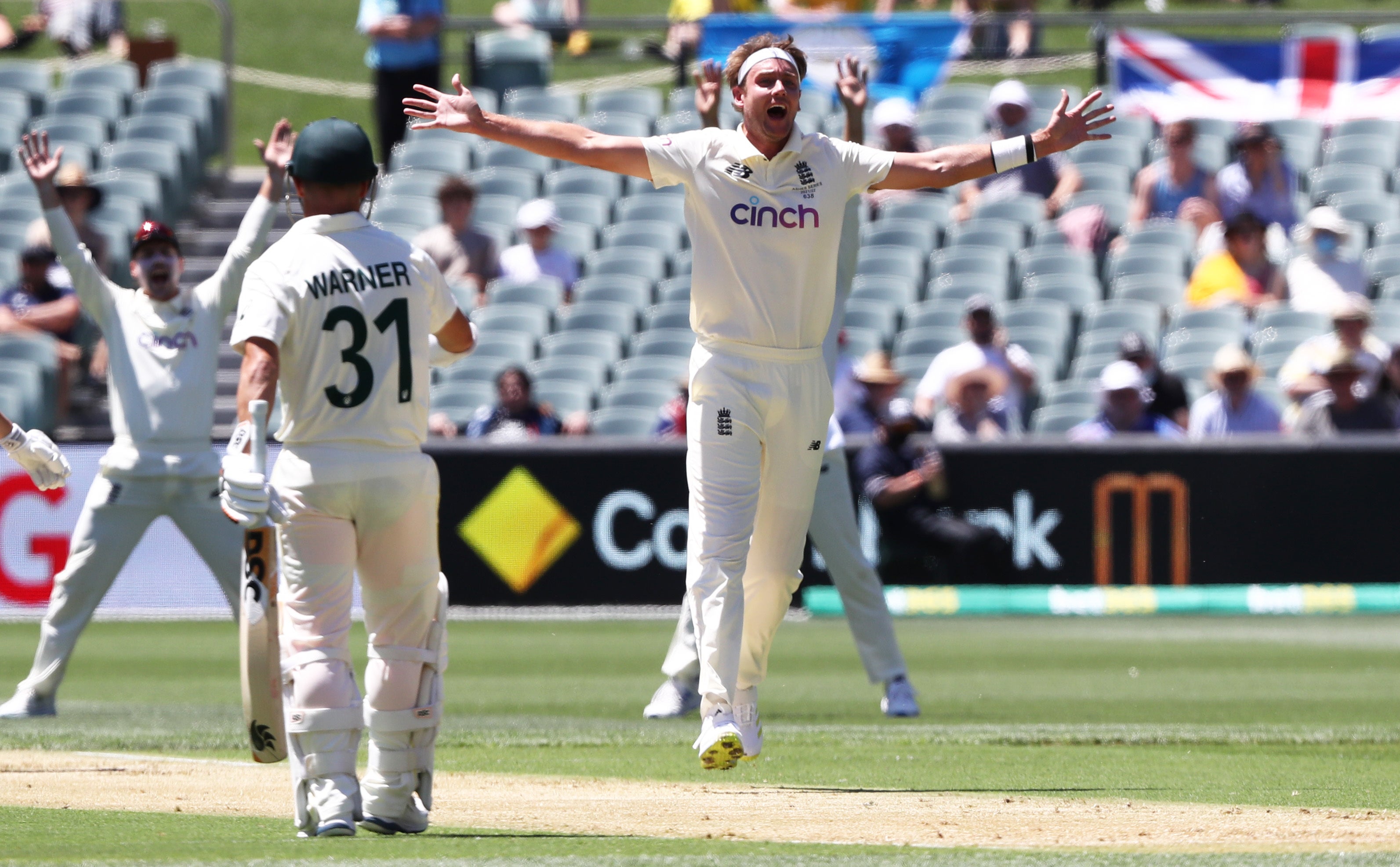 Stuart Broad appeals unsuccessfully for lbw (Jason O’Brien/PA)