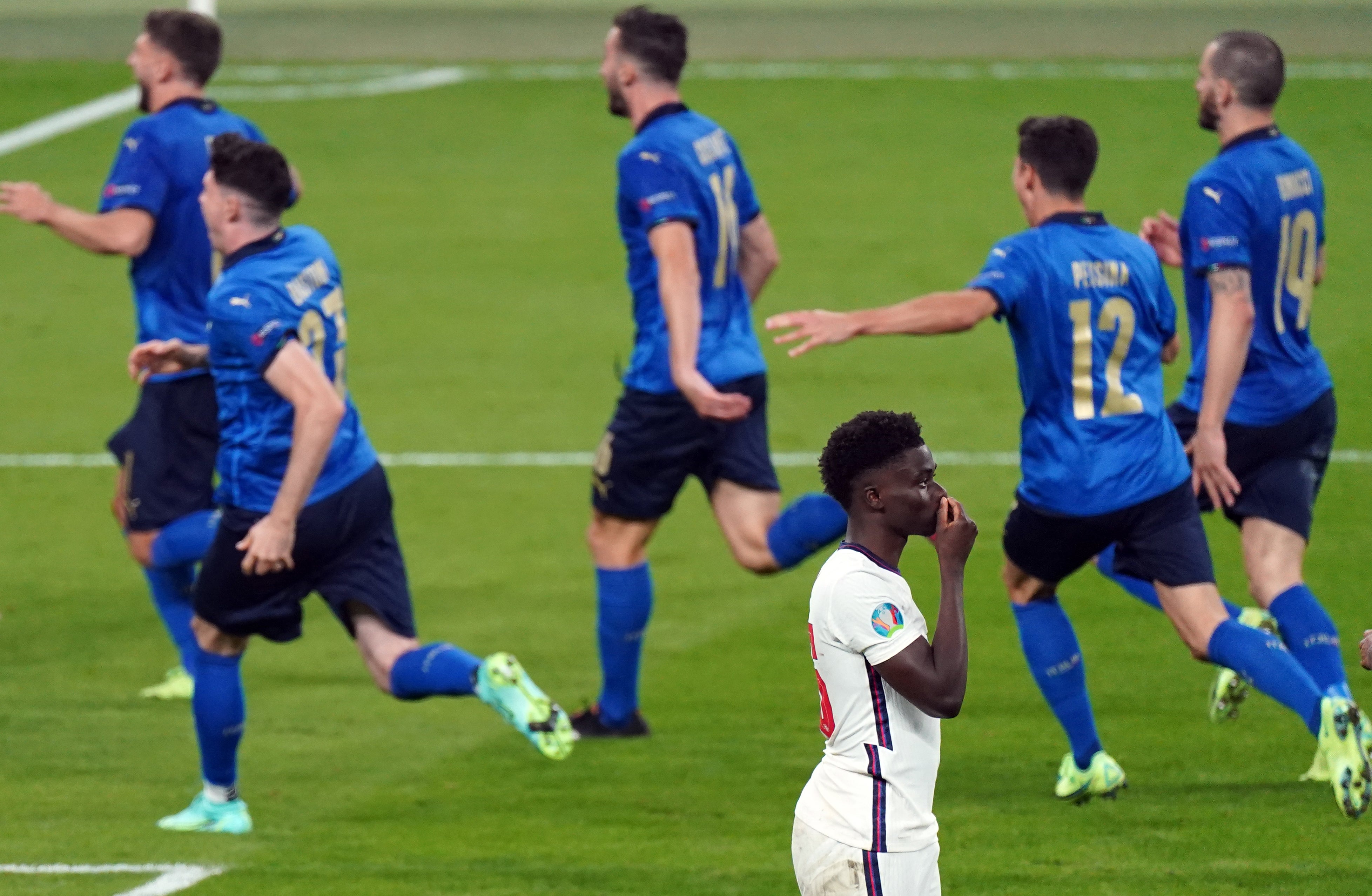 England’s dream ended in penalty shoot-out agony after Bukayo Saka (foreground) missed the crucial kick (Mike Egerton/PA)