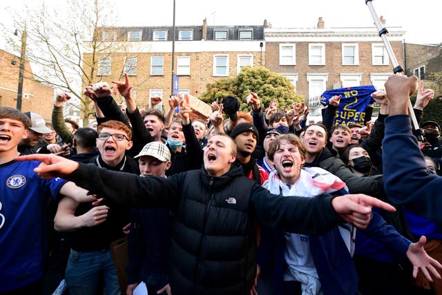 Chelsea fans react after hearing their club were planning to withdraw from the Super League (Ian West/PA)