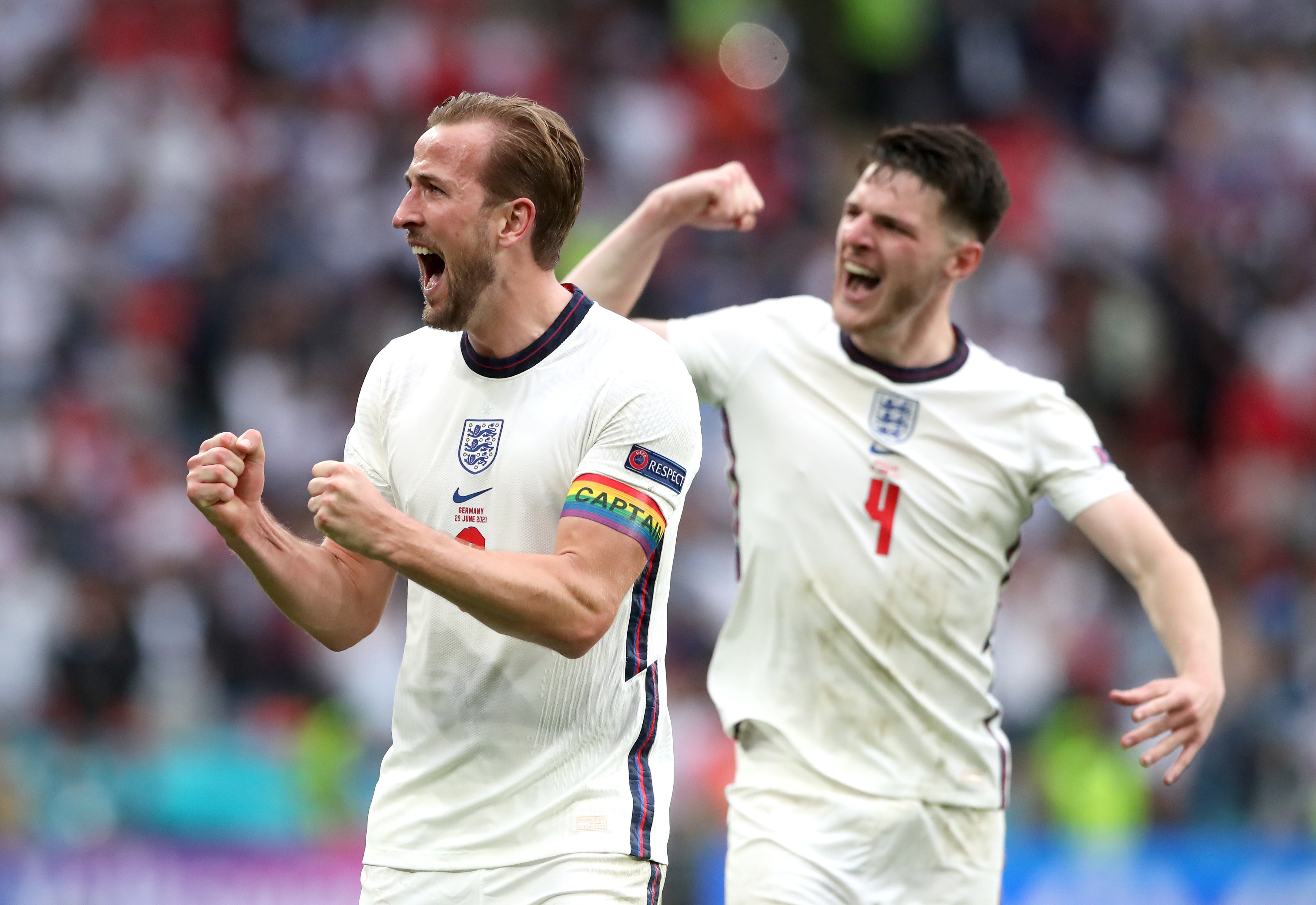 England captain Harry Kane (left) and Declan Rice celebrate the Euro round of 16 victory over Germany at Wembley (Nick Potts/PA)