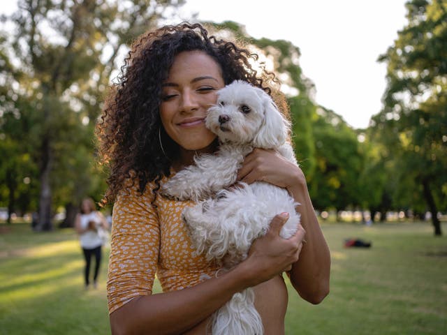 <p>A woman at the park with her dog</p>