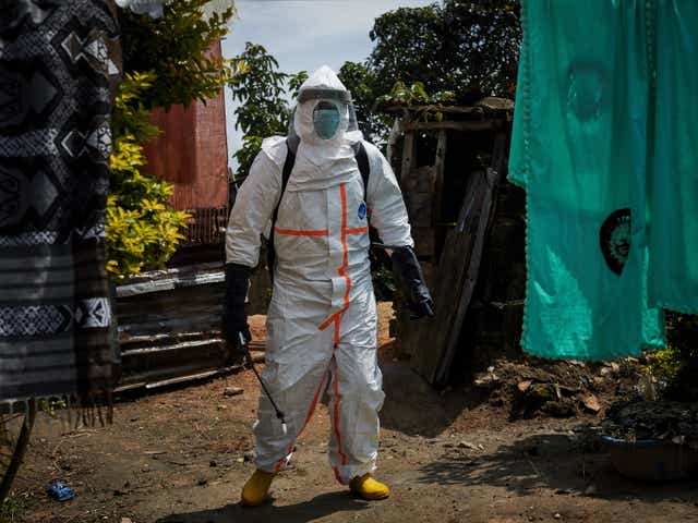 <p>File photo: A health team disinfects and decontaminates homes in North Kivu province, Democratic Republic of the Congo, in August 2019</p>