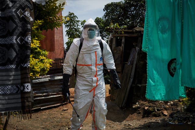 <p>File photo: A health team disinfects and decontaminates homes in North Kivu province, Democratic Republic of the Congo, in August 2019</p>