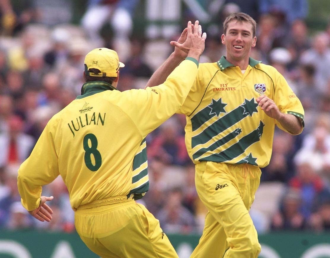Glenn McGrath in Australia’s 1999 World Cup shirt (Owen Humphreys/PA)