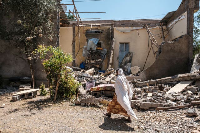 <p>A woman walks in front of a damaged house which was shelled as federal-aligned forces entered the city, in Wukro, north of Mekele</p>