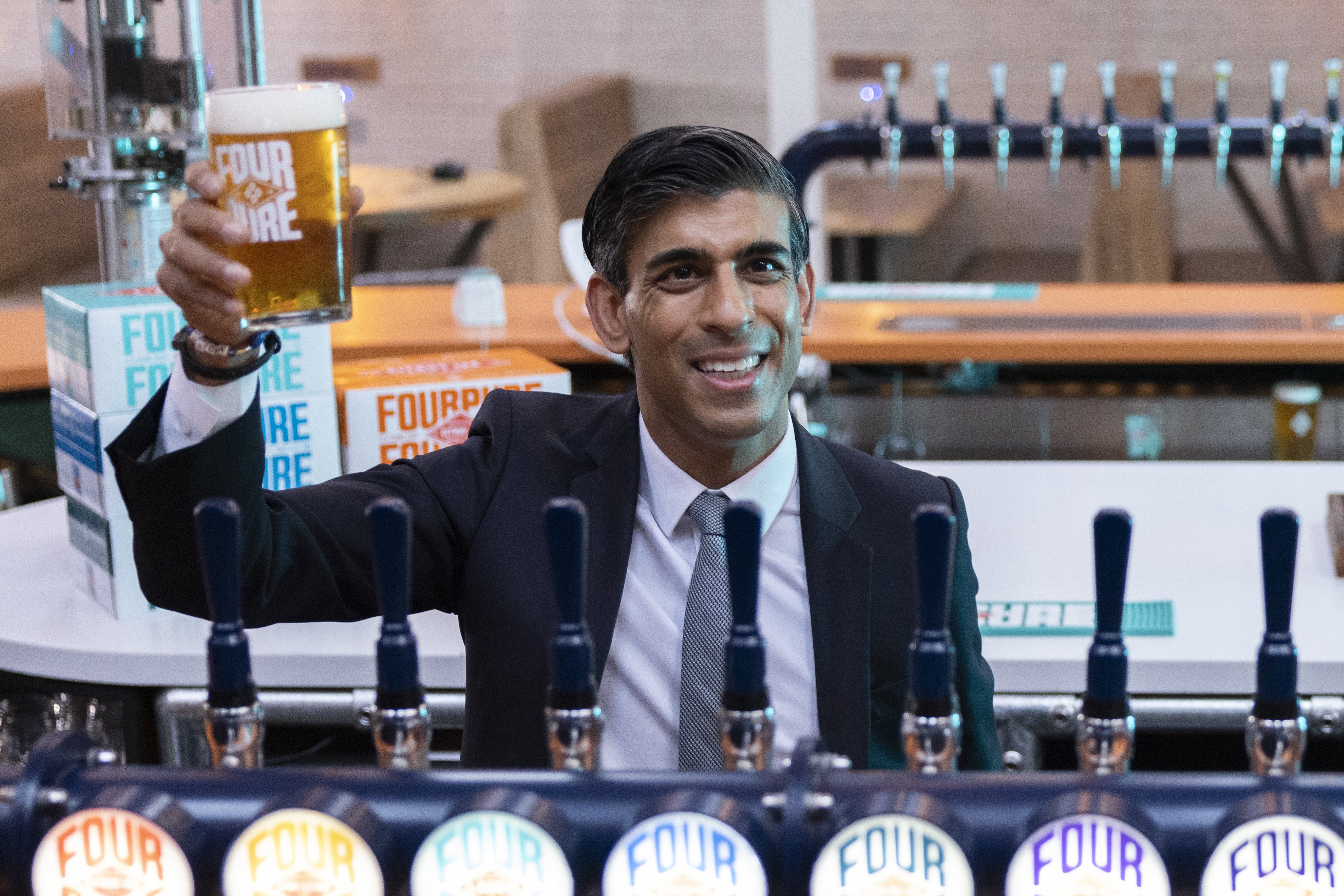 Chancellor of the Exchequer Rishi Sunak during a visit to Fourpure Brewery in Bermondsey, London, after he delivered his Budget (PA)