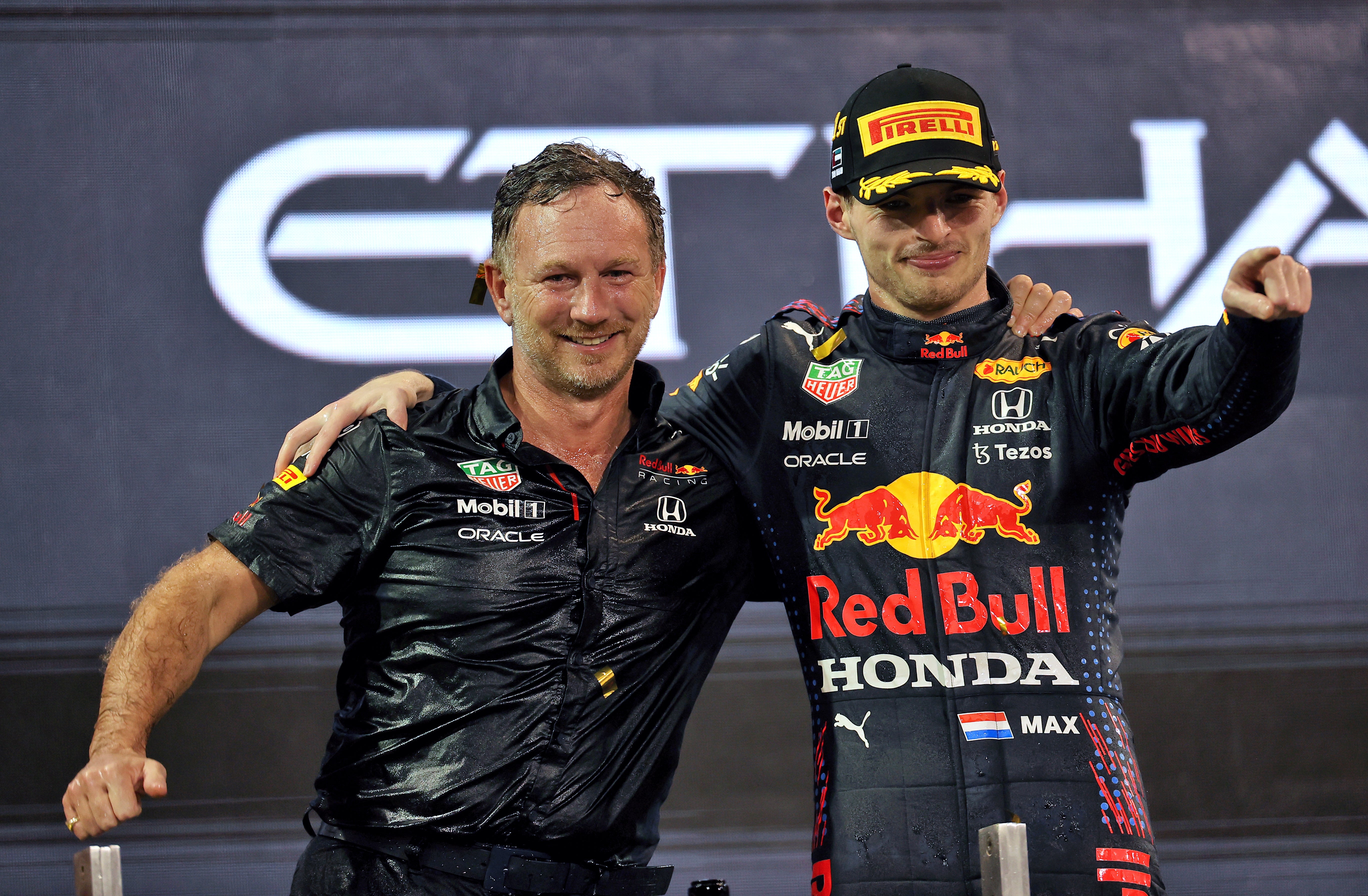 Christian Horner (left) has accused Mercedes of trying to diminish the achievement of Max Verstappen