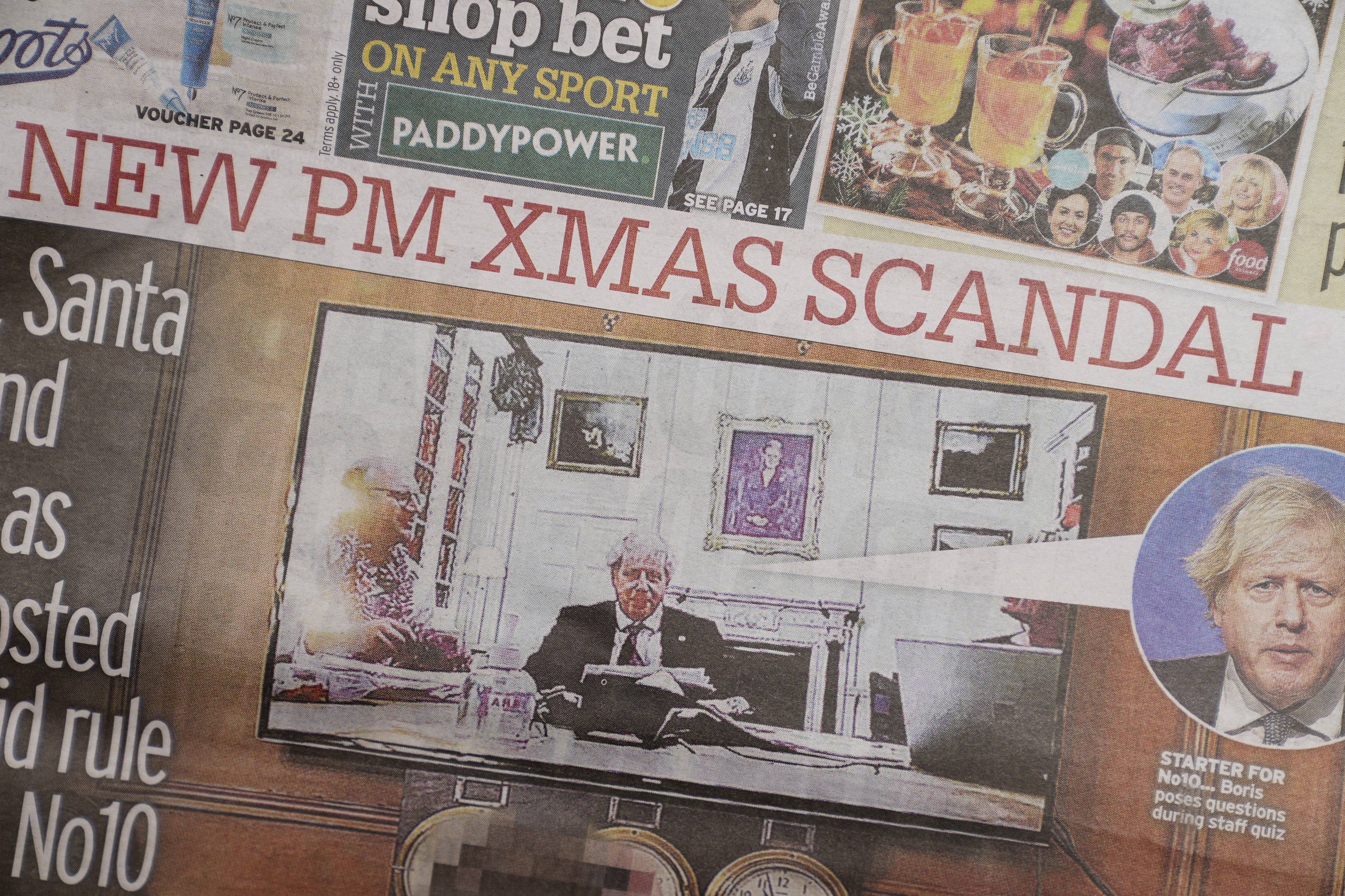 The front page of the Sunday Mirror featuring Boris Johnson, allegedly appearing at the quiz (Aaron Chown/PA)