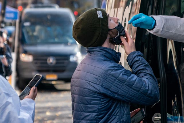 <p>NEW YORK, NY - DECEMBER 15: A person has a COVID-19 test administered at a walk up testing site on December 15, 2021 in New York City. </p>