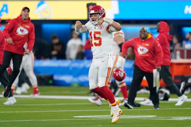 Patrick Mahomes celebrates the Chiefs’ game-winning touchdown in overtime (Ashley Landis/AP)