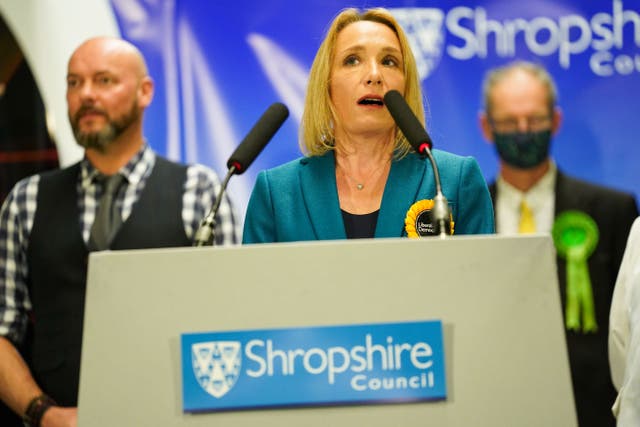 <p>Helen Morgan of the Liberal Democrats makes a speech after being declared the winner in the North Shropshire by-election at Shrewsbury Sports Village. Picture date: Friday December 17, 2021.</p>
