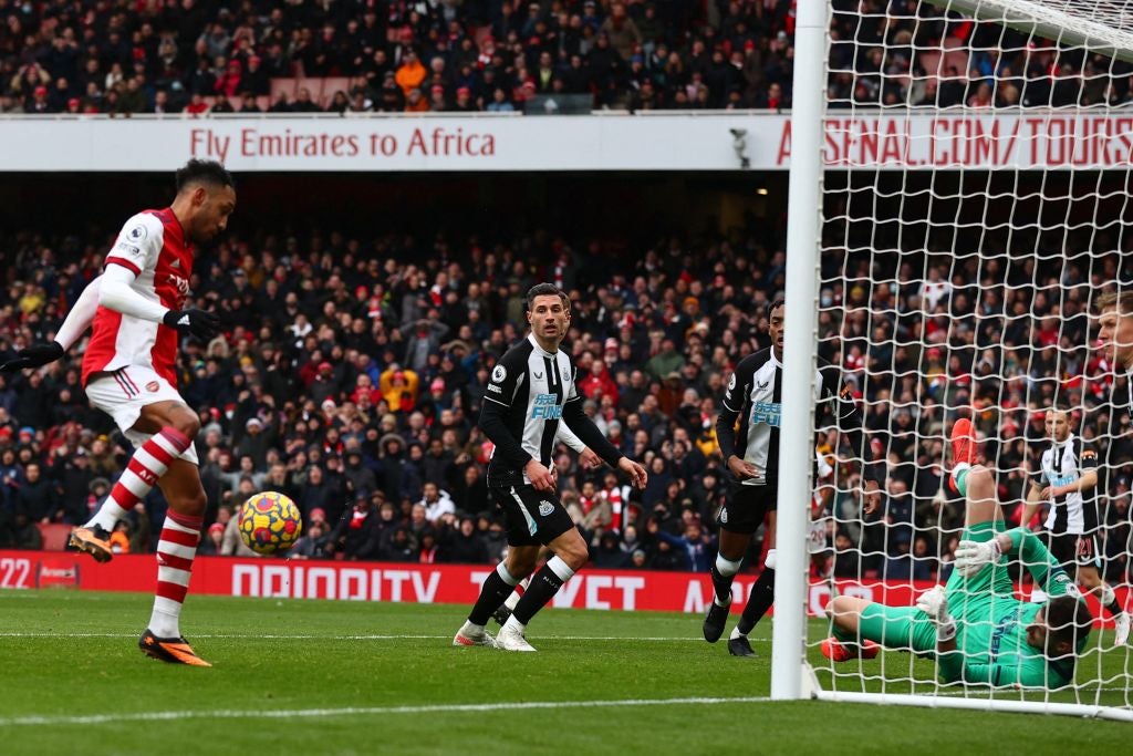 Aubameyang’s shot against Newcastle, which hit the post from close-range