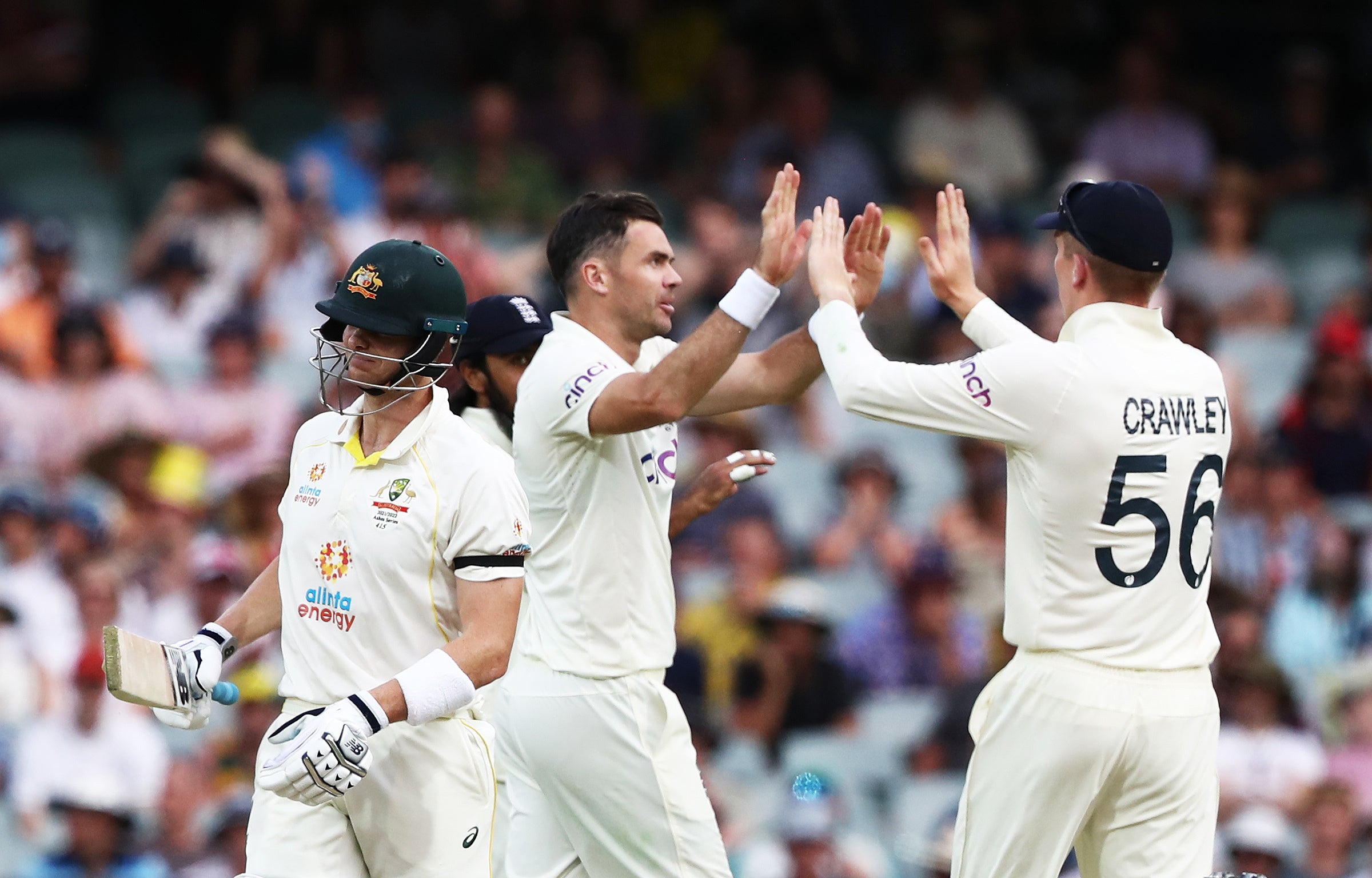 England’s James Anderson celebrates the wicket of Australia’s Steve Smith (Jason O’Brien/PA)