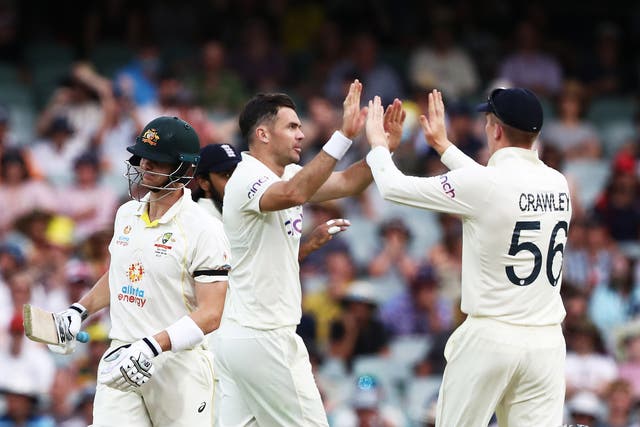 England’s James Anderson celebrates the wicket of Australia’s Steve Smith (Jason O’Brien/PA)