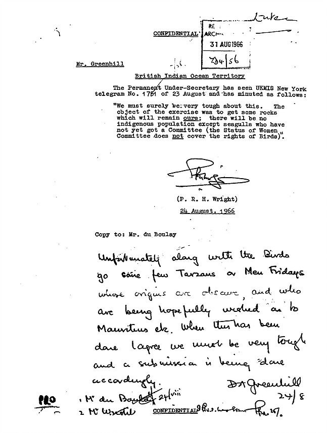 An internal government memo from 1966 about the planned expulsion of Chagossians