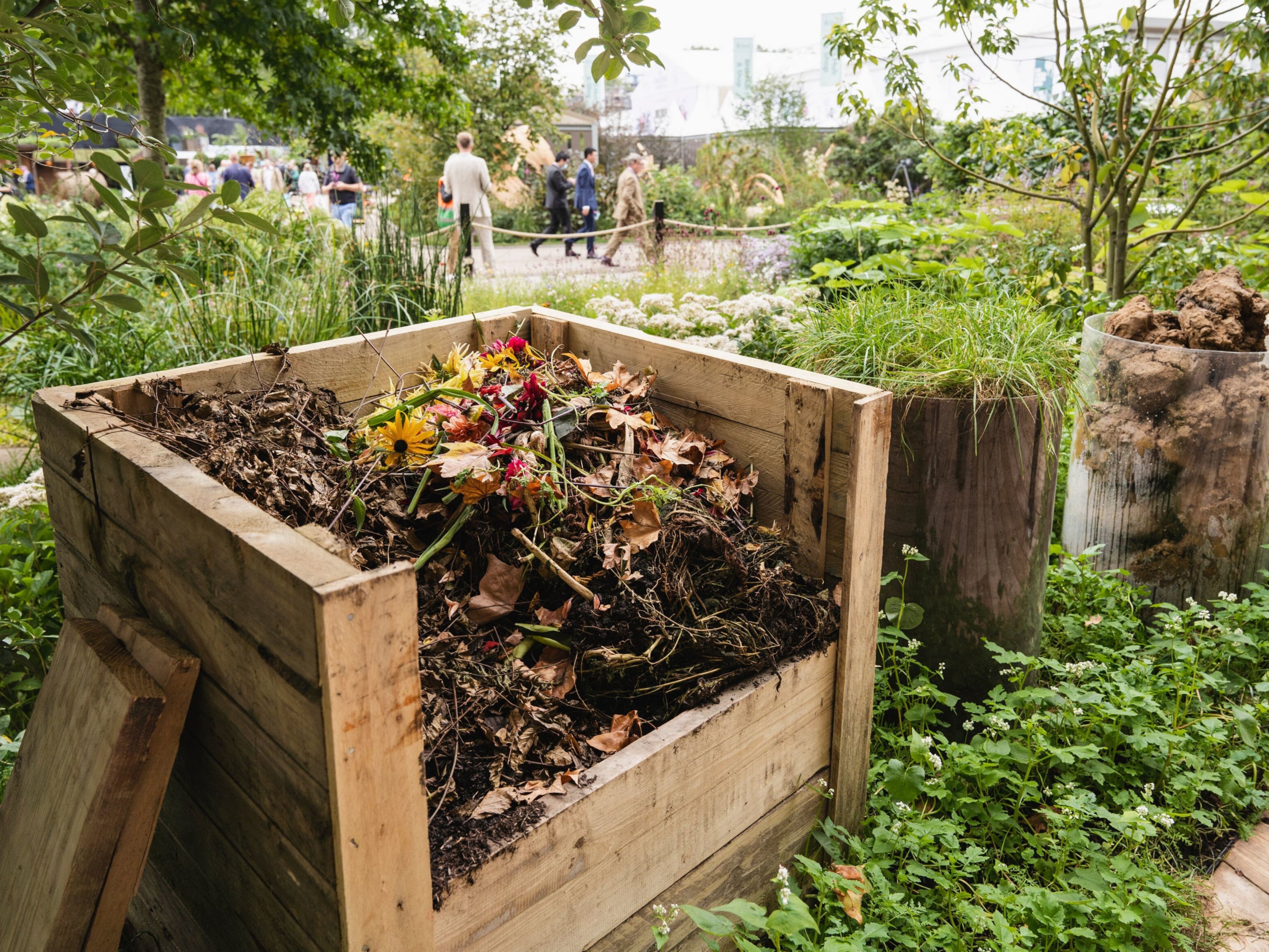 A compost bin in the RHS COP26 Garden at RHS Chelsea Flower Show 2021
