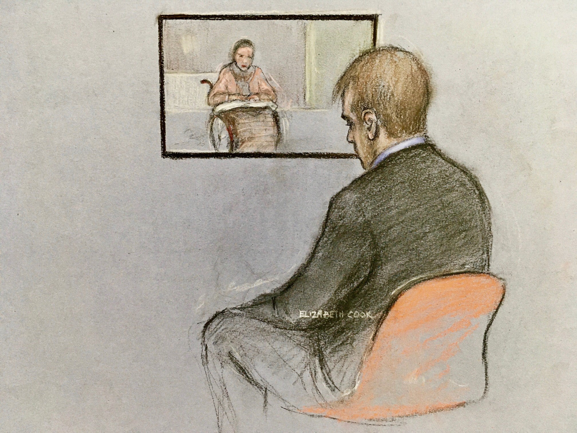 Court sketch as Thomas Schreiber listened to his mother Anne Schreiber giving evidence by video-link (Elizabeth Cook/PA)