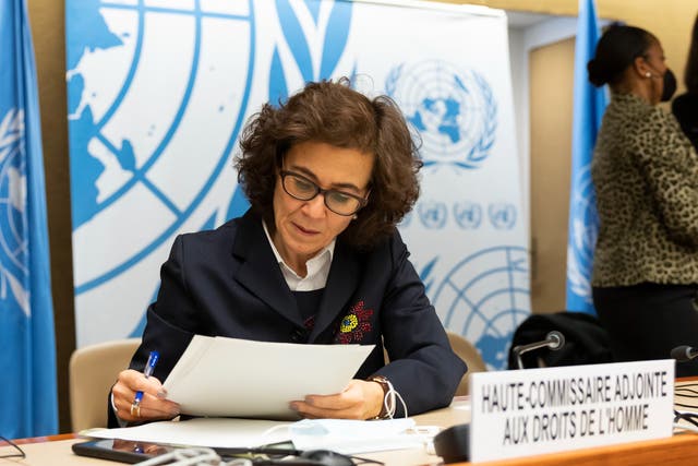 <p>The UN Deputy High Commissioner for Human Rights, Nada Al-Nashif, prepares for a session in Geneva, Switzerland, 17 December 2021</p>