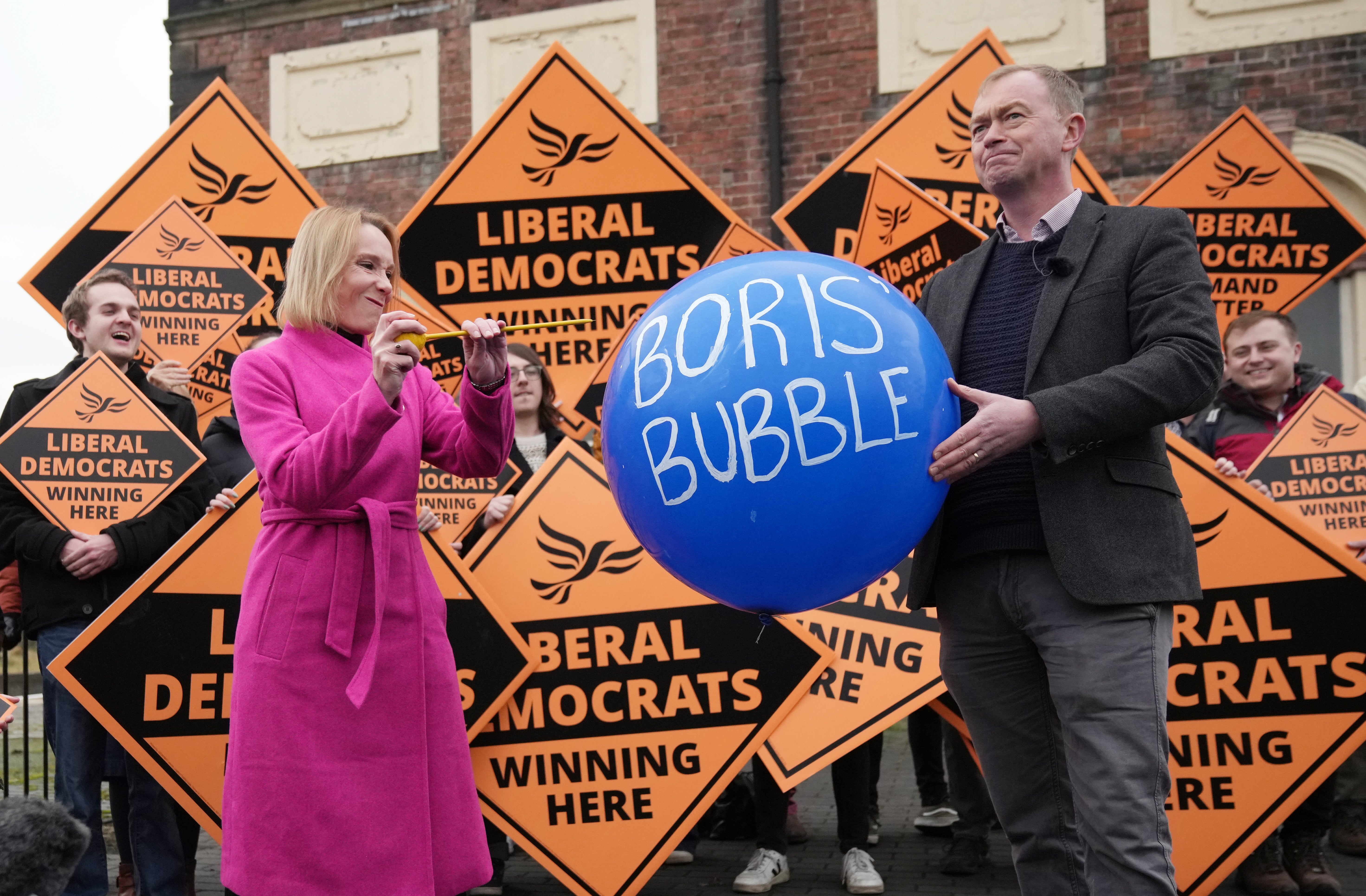Victorious by-election candidate Helen Morgan celebrates with former Lib Dem leader Tim Farron