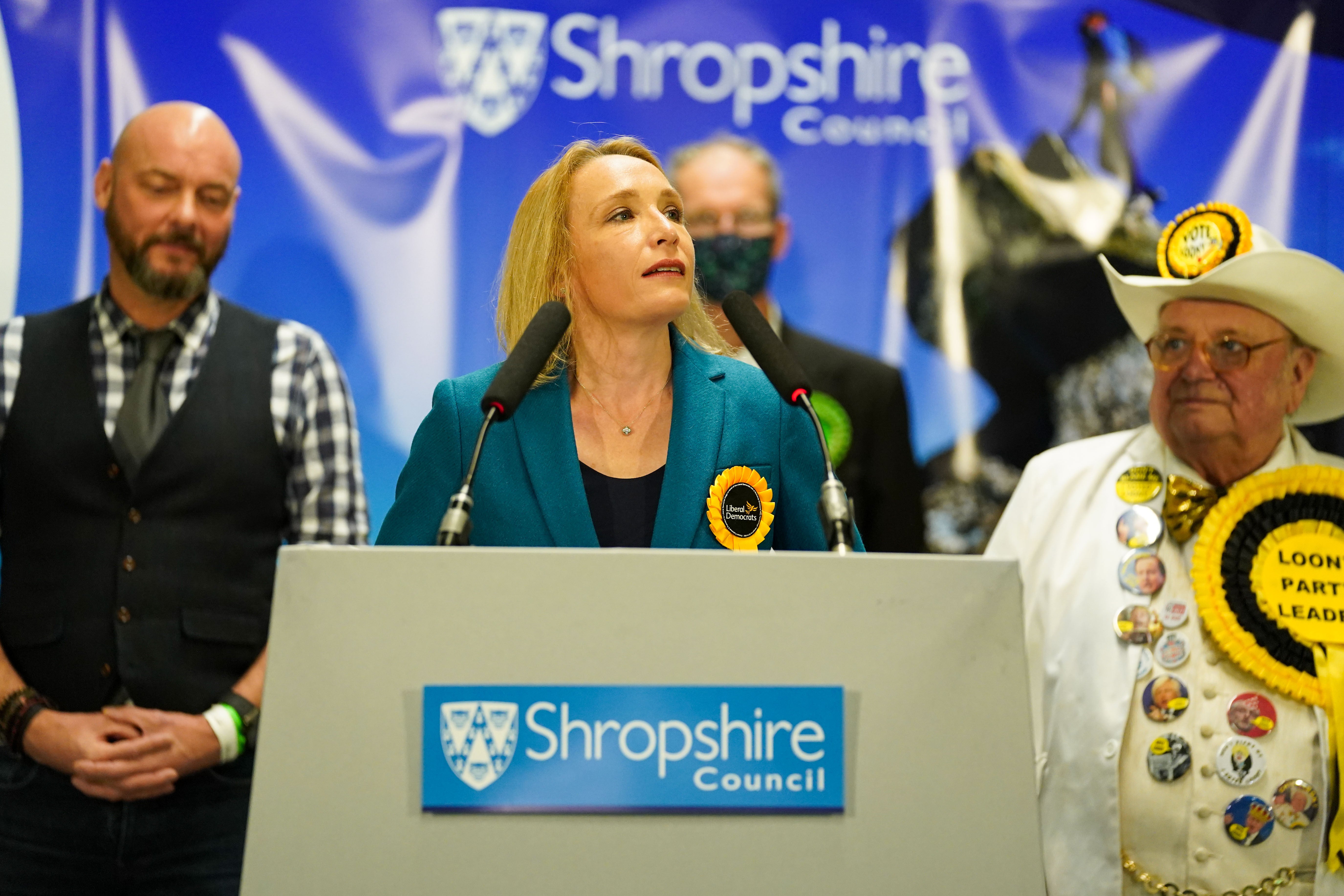 Lib Dem candidate Helen Morgan delivers a victory speech after the result is declared in the North Shropshire by-election