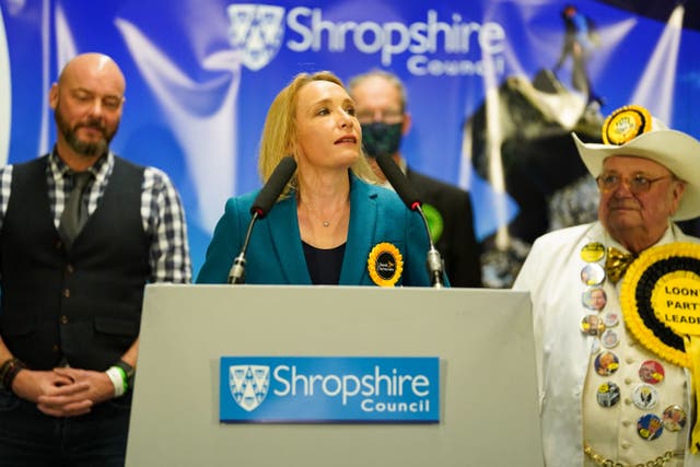 <p>Lib Dem candidate Helen Morgan delivers a victory speech after the result is declared in the North Shropshire by-election</p>