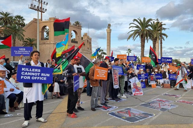 <p>People protesting against the candidacy of Saif al-Islam Gaddafi in Libya’s capital Tripoli</p>