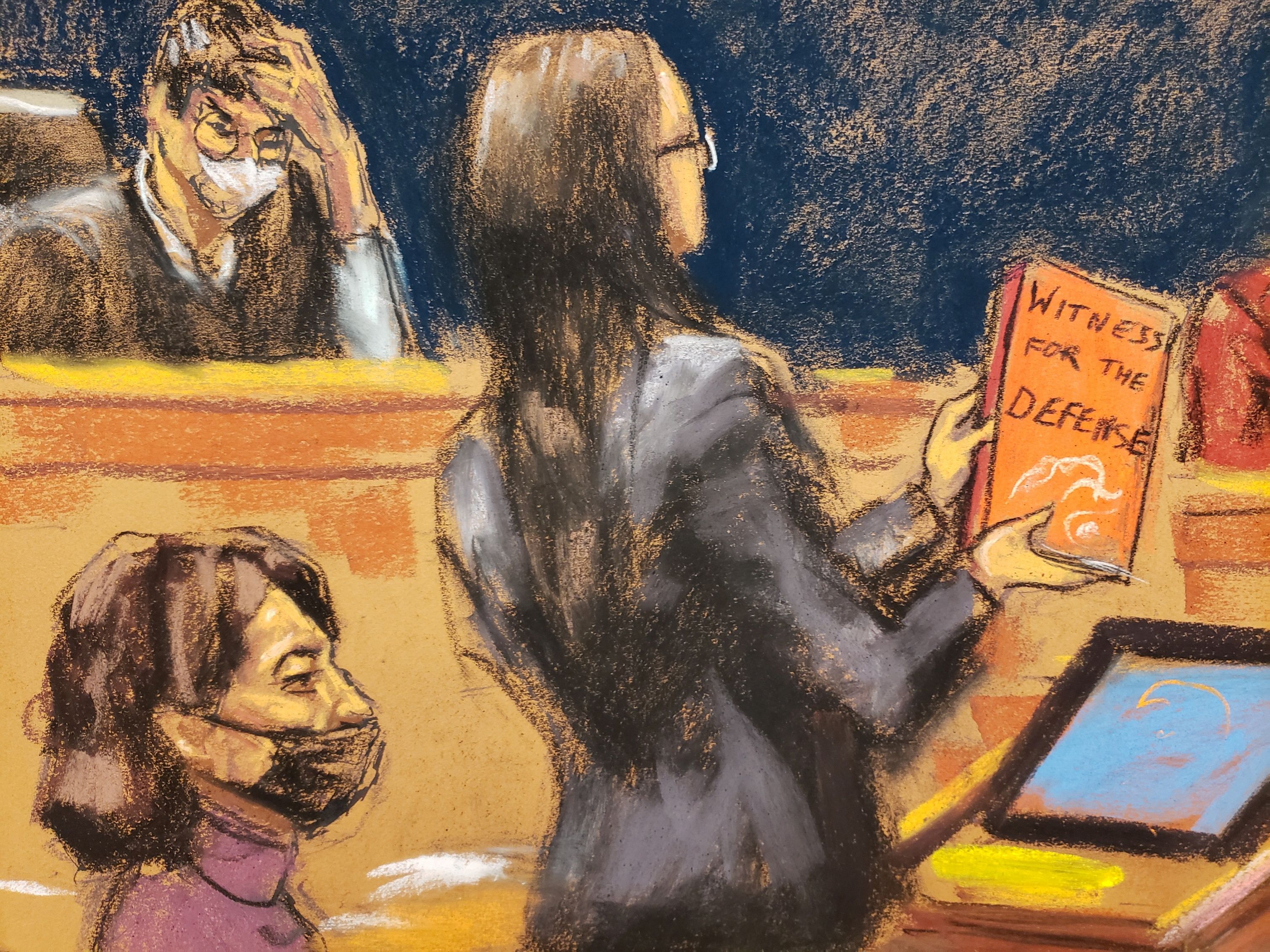 La fiscal Lara Pomerantz interroga a la psicóloga Elizabeth Loftus (no se ve) durante el juicio de Ghislaine Maxwell, la asociada de Jeffrey Epstein acusada de tráfico sexual, en un boceto en la sala de un tribunal en la ciudad de Nueva York.
