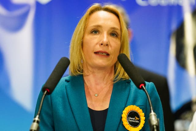 <p>Helen Morgan of the Liberal Democrats makes a speech after being declared the winner in the North Shropshire by-election</p>